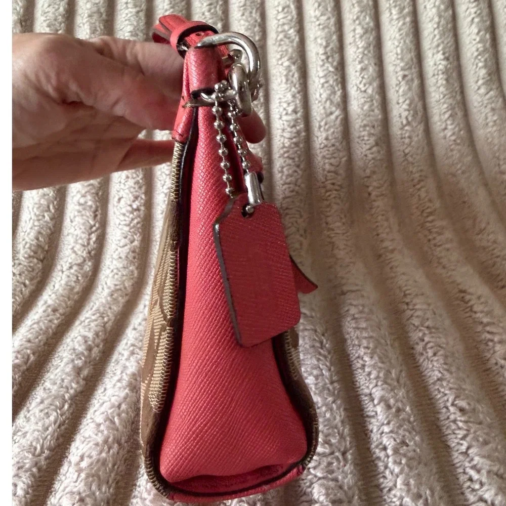Coach Signature Canvas Saffiano Leather Wristlet Coral Pink Khaki 52860 - Picture 12 of 15